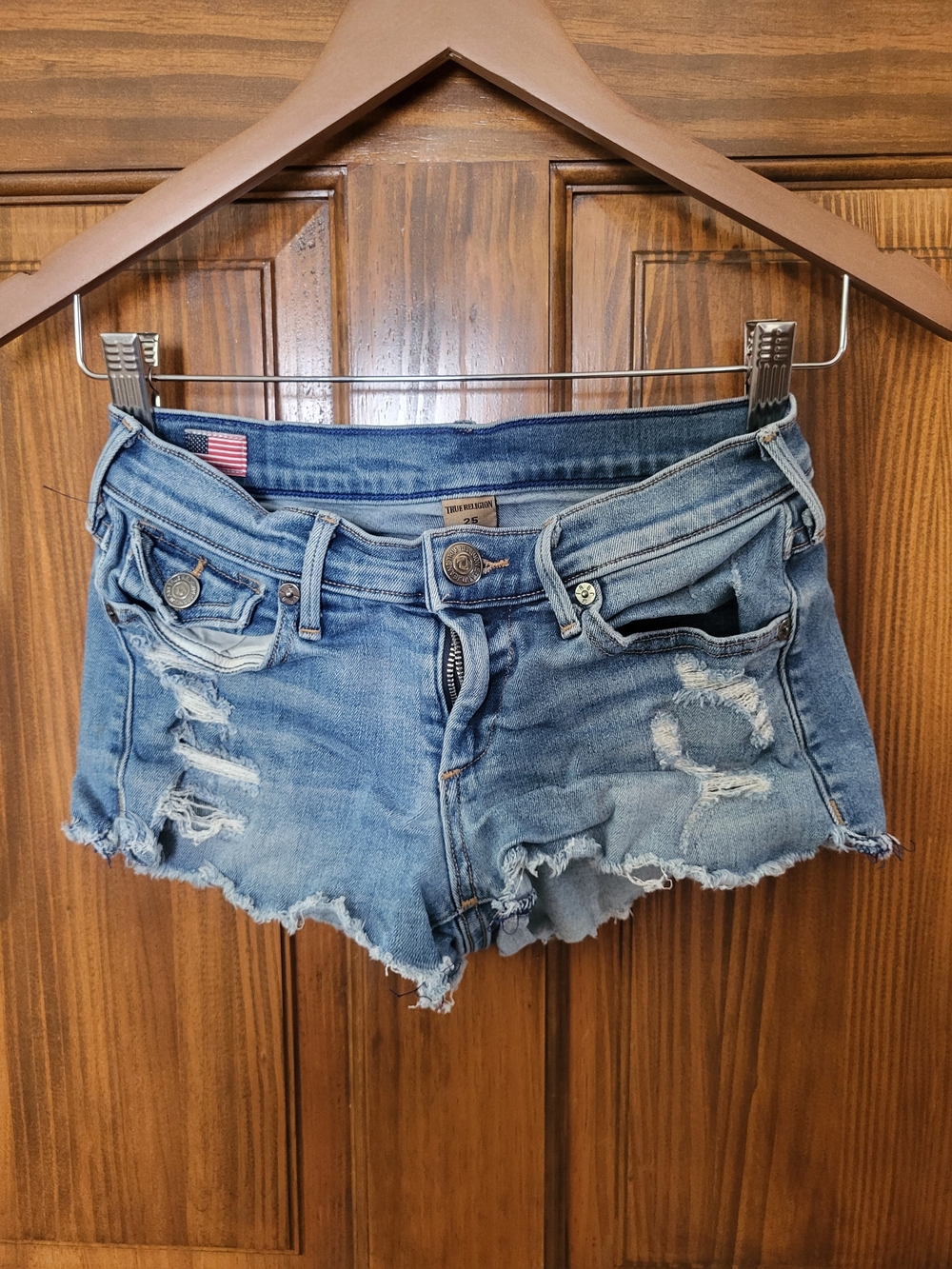True Religion Distressed Light Blue Denim Cutoff Shorts